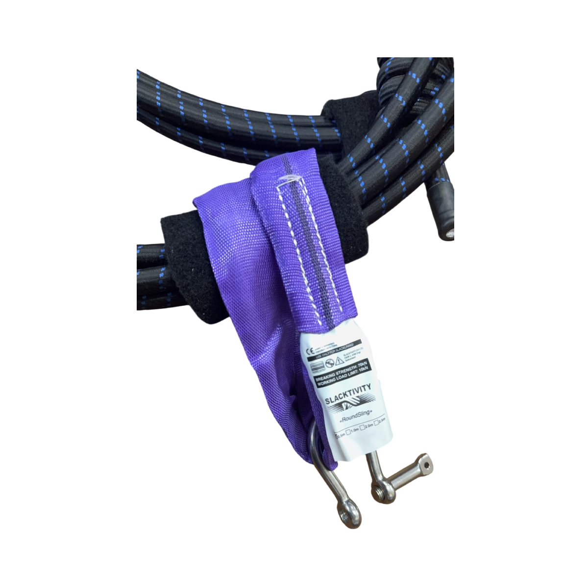 RoundSling 0.5m（ラウンドスリング）Slacktivity製ポリエステルアンカースリング 紫色 破断70kN ステンレスシャックルとスラックラインバンジーに接続した状態